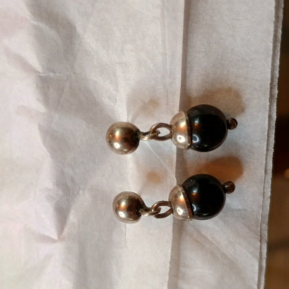 Black and Silver small Ball drop earrings pierced ears 925 Sterling silver - Picture 3 of 6